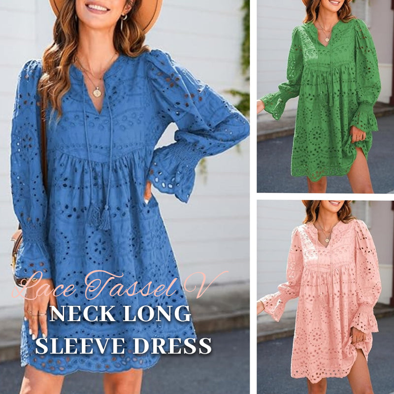 💞Tijdelijke aanbieding 49% KORTING🎁Kanten jurk met V-hals en lange mouwen en kwastjes