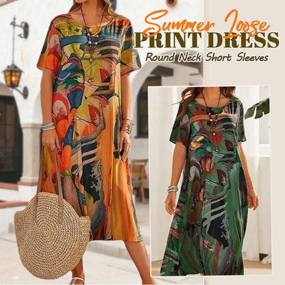 ☀️💖Summer Loose Print Dress | Round Neck Short Sleeves