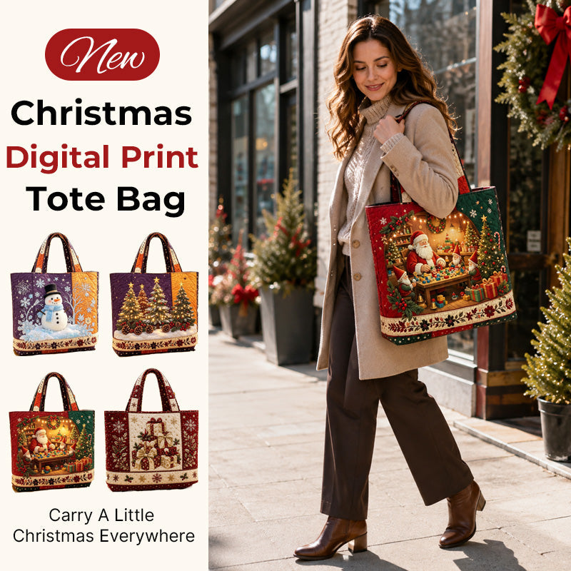 Vintage kerst-draagtas met kerstmanprint | Feestelijke herbruikbare boodschappentas