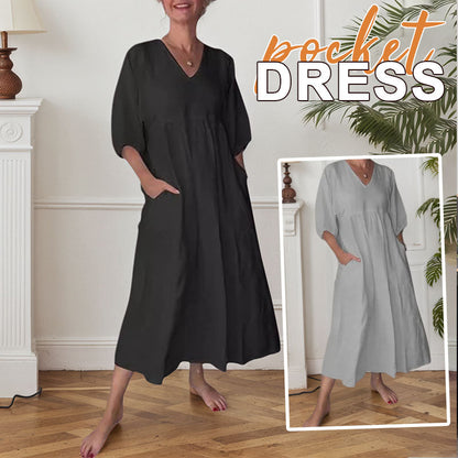 🌿 Diepe V-Hals Katoen-Linnen Zomerjurk met Zakken