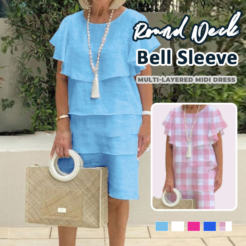 🌸Ronde hals. klokkende mouw. gelaagde midi-jurk