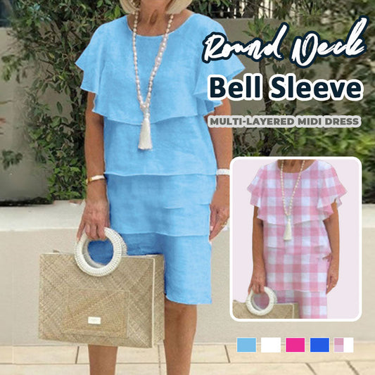 🌸Ronde hals. klokkende mouw. gelaagde midi-jurk