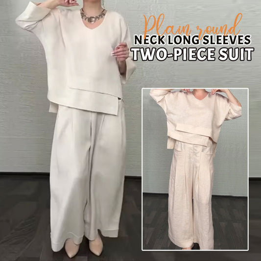 💞Gratis verzending⏳Effen kleur ronde hals lange mouwen casual top middelhoge taille zak rechte broek tweedelig set