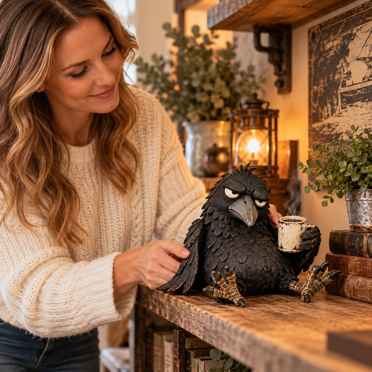 Grumpy Coffee Raven-beeldje – “Not Yet” grappige ochtenddecoratie