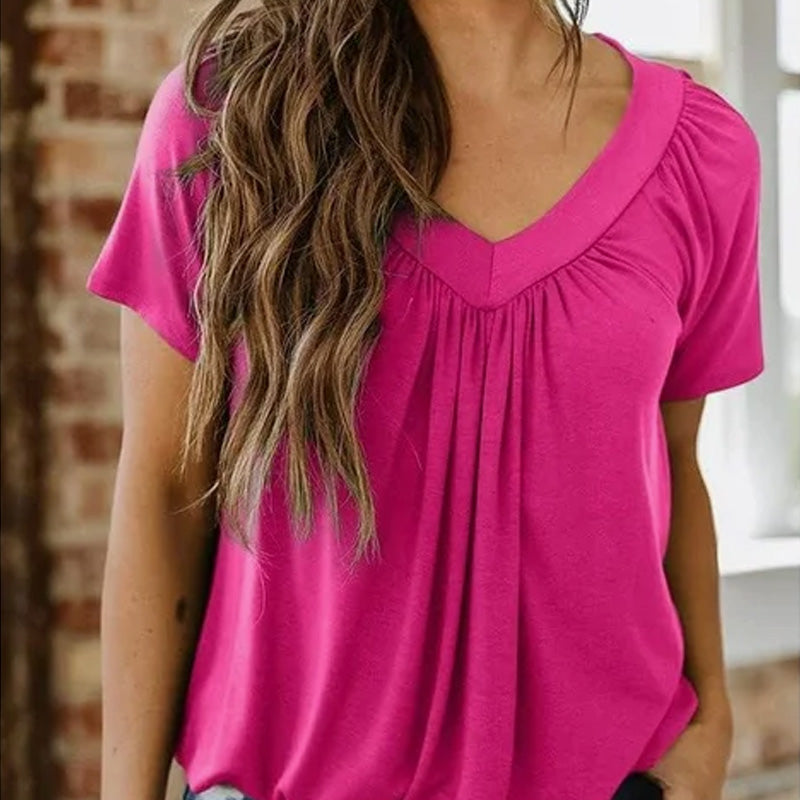 🌸Dames casual geplooide V-hals korte mouw aa