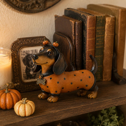 Schattig Halloween-beeldje van een teckel als pompoen, gemaakt van hars