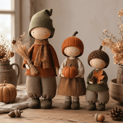 🍁 Set van 3 rustieke herfstfiguurtjes – Mooie oogstdecoratie voor een gezellige herfstsfeer 🍂