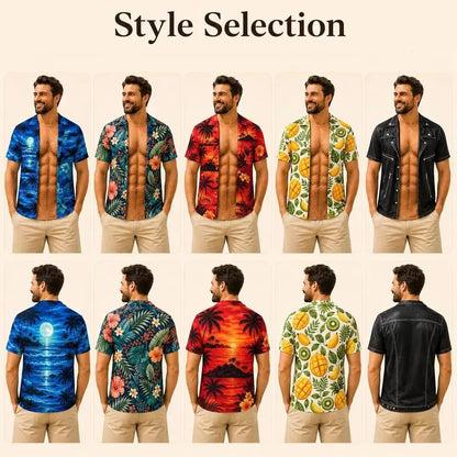 Grappig spier-T-shirt voor heren, T-shirt met Hawaiiaanse-hemd-illusie, gepersonaliseerd 3D-T-shirt met nep-open-hemd-effect💪🔥