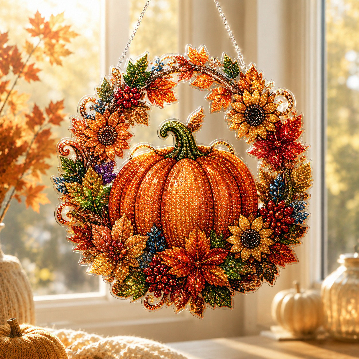 ✨🎃Halloween-hangsieraad-set met zwarte kat en maan in diamantkunststijl👻