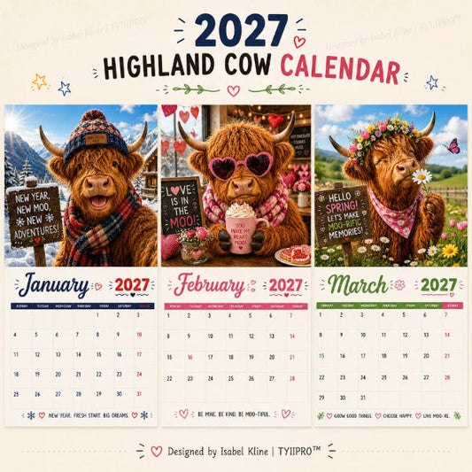 2027 Grappige Schotse Hooglander-wandkalender | A4-wandkalender