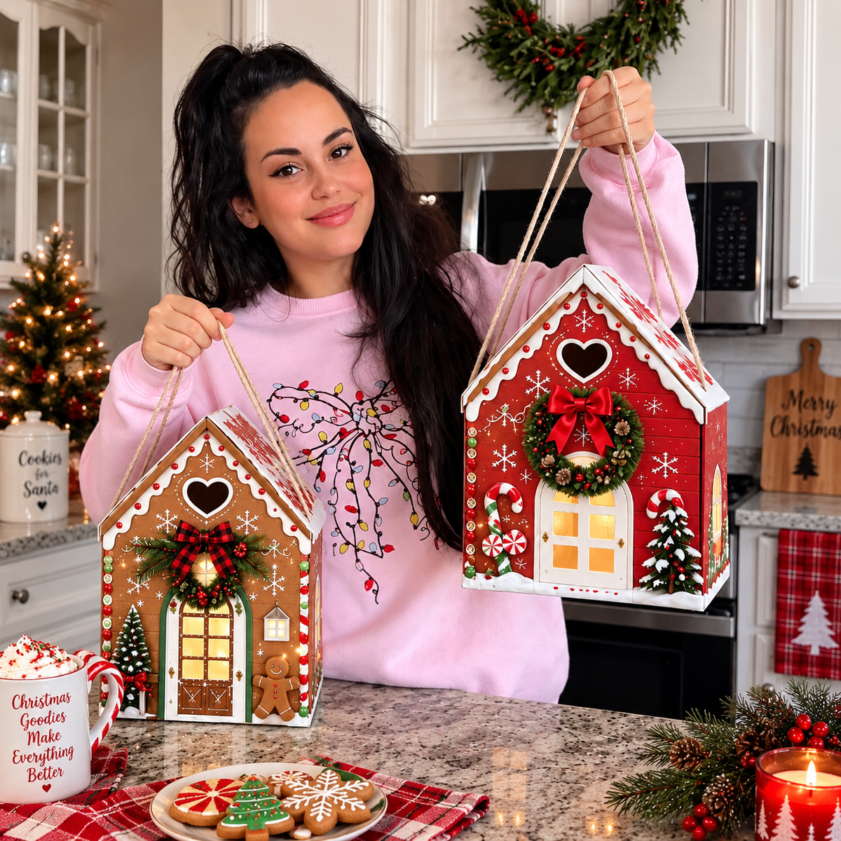 Kerstmagie-huis cadeaudoos – Creatieve 3D-cadeauverpakking voor de feestdagen om in de hand te houde
