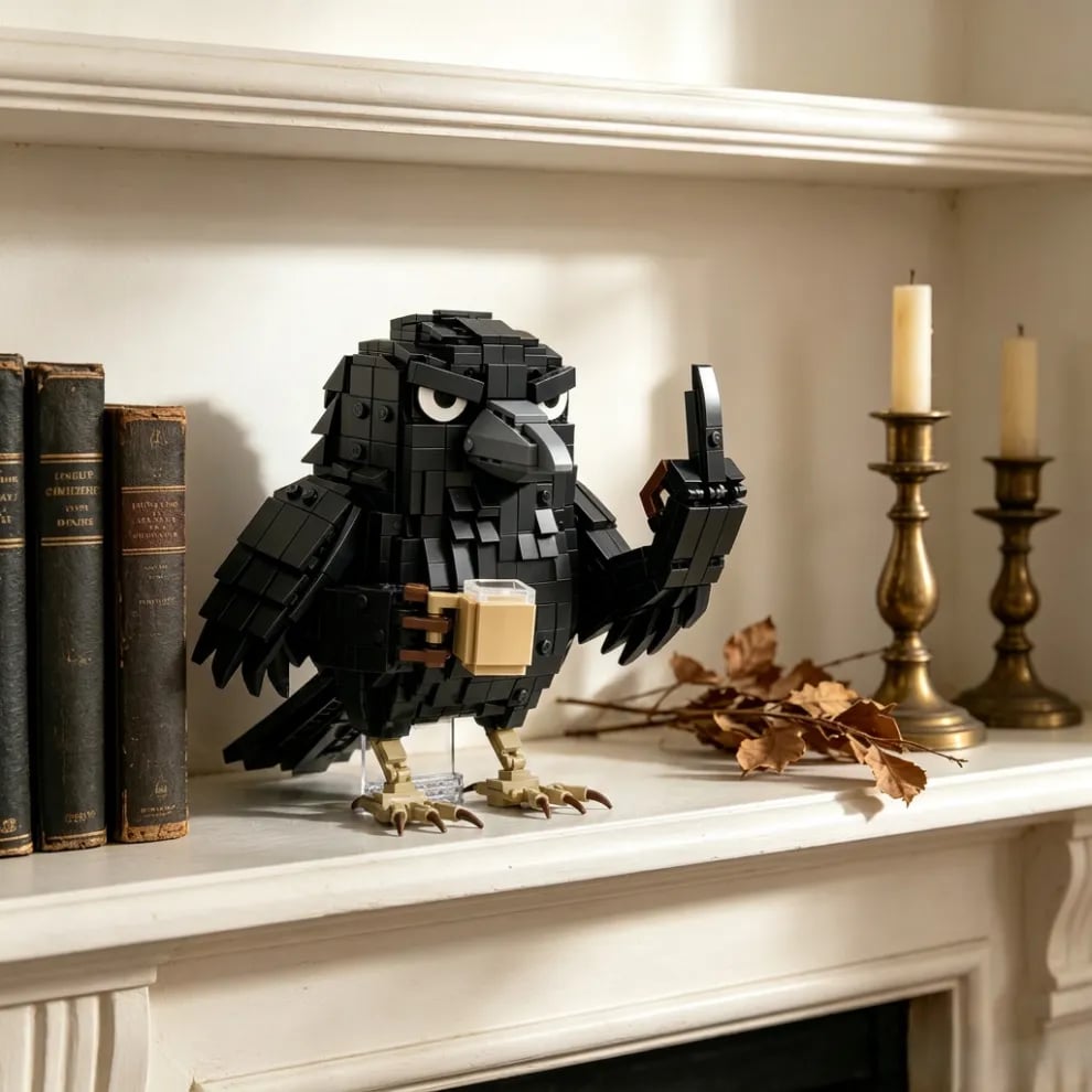 🐦‍⬛ Sarcastische koffiekraai – Bouwsteenset – Grappige ‘Niet storen’-bureaudecoratie