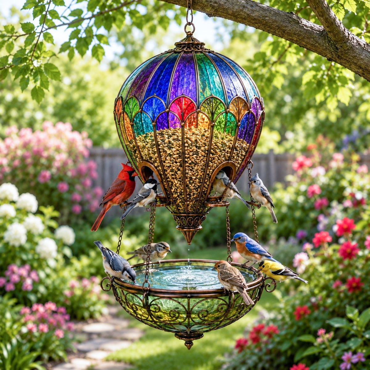 🌈 Gebrandschilderde luchtballon-vogelvoederbak met fontein🐦