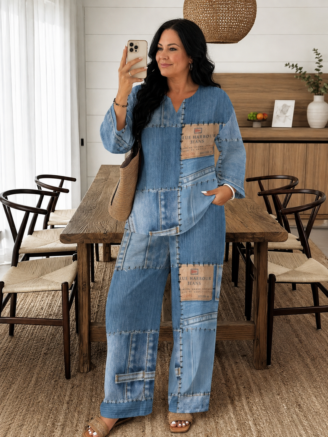 2-delige set voor vrouwen met een grote maat, met een patchworkpatroon van imitatiedeni