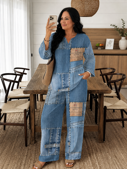 2-delige set voor vrouwen met een grote maat, met een patchworkpatroon van imitatiedeni