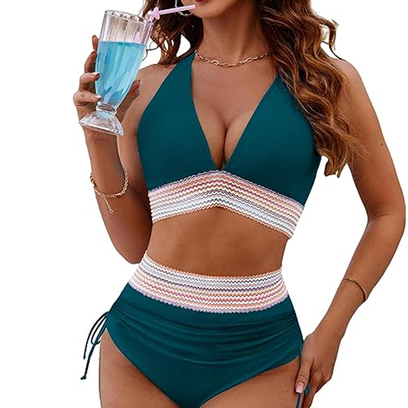 ☀️Vakantieverkoop 49% VAN🏖️Bikini met hoge taille en buikband Color Block Bikiniset Color Block Bikiniset