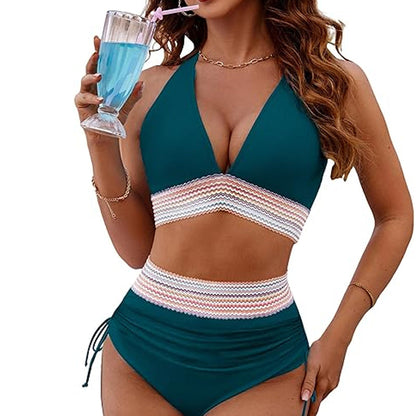 ☀️Vakantieverkoop 49% VAN🏖️Bikini met hoge taille en buikband Color Block Bikiniset Color Block Bikiniset