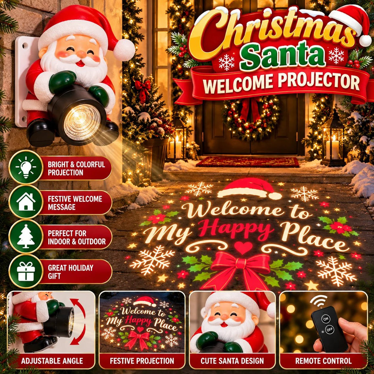 🔥HOT SALE🎅 Santa Christmas Welcome Projector – Festive Holiday Doorway Light with Remote Control ✨