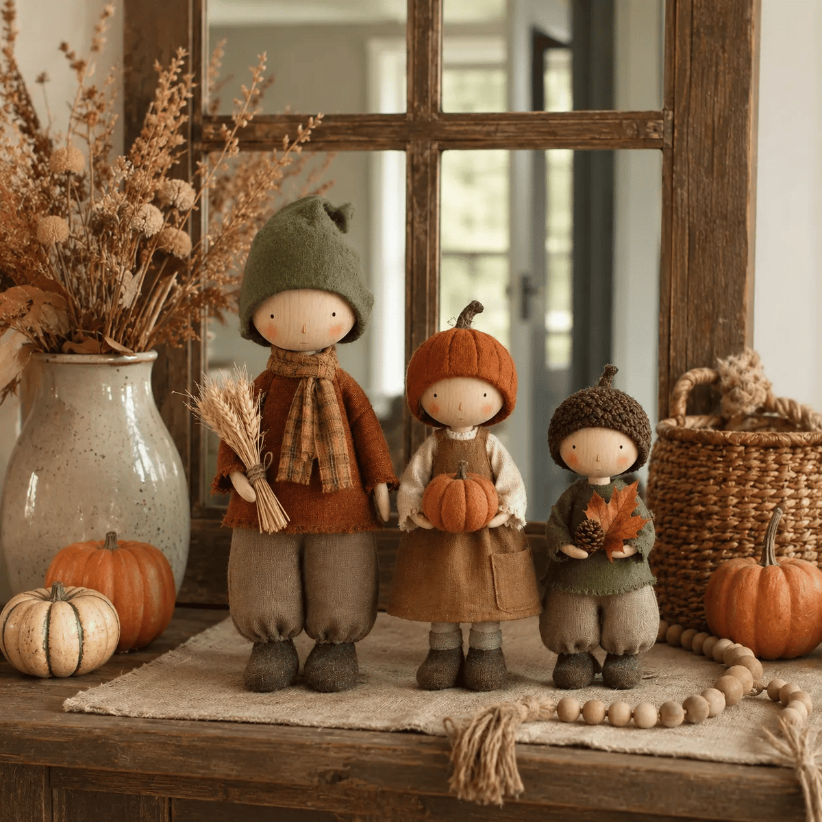 🍁 Set van 3 rustieke herfstfiguurtjes – Mooie oogstdecoratie voor een gezellige herfstsfeer 🍂