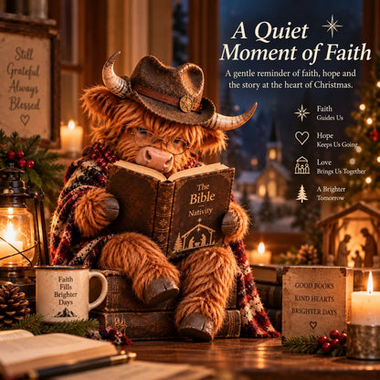 ⏳ Laatste dag: 49% KORTING – 🐮 Kerstfiguurtje van een Highland-koe – Een op het geloof geïnspireerd cadeau voor boekenliefhebbers