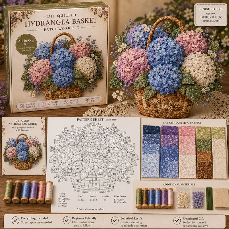 🌸🧵 Premium bloemenmand-patchwork-doe-het-zelfpakket | Hoogwaardig boeket van gelaagde stoffen met reliëfbloemblaadjes en geweven manddetails ✨