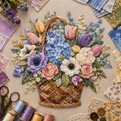 🌸🧵 Premium bloemenmand-patchwork-doe-het-zelfpakket | Hoogwaardig boeket van gelaagde stoffen met reliëfbloemblaadjes en geweven manddetails ✨