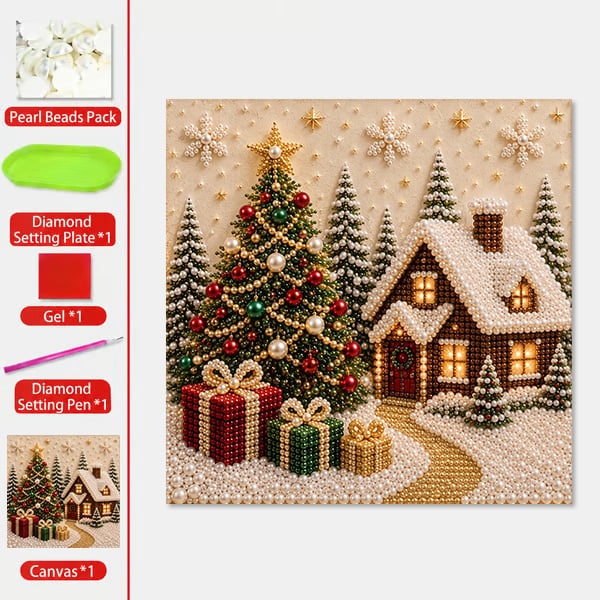 🎄🎅 Premium 3D-kerstwanddecoratieset met parels | Luxe canvas met flocklaag en krasbestendige, kleurvaste parelkorrels – doe-het-zelf kerstdecoratie ⛄️❄️