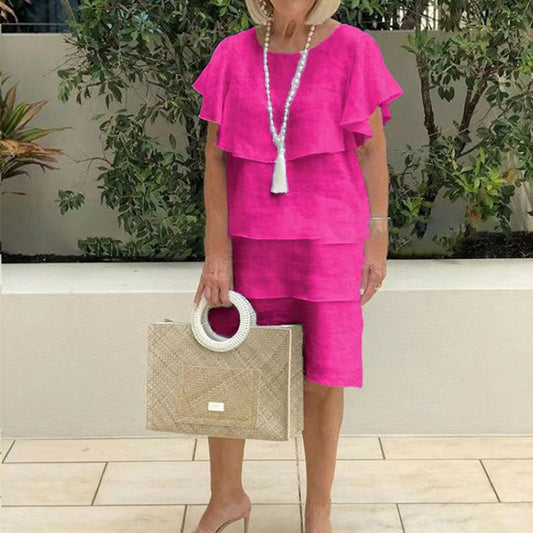 🌸Ronde hals. klokkende mouw. gelaagde midi-jurk