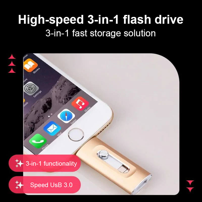 ⚡3-in-1 flashdrive, draagbare USB 3.0-geheugenopslag met hoge snelheid