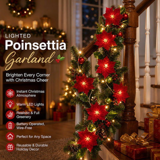 😍 🎄 Kerstster-lichtslinger – 2 m warme LED-slinger met rode bloemen en hulstblaadjes