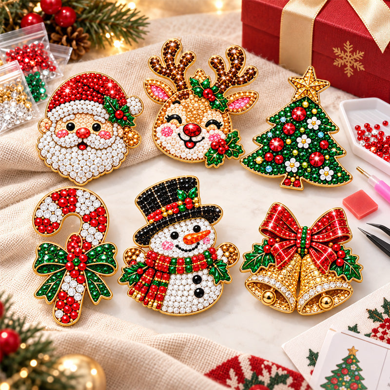 ✨🎄 DIY Christmas Diamond Painting Brooch Kit — 6 Festive Designs, Wearable Sparkle