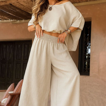 💕Tijdelijke aanbieding 39% KORTING🎁Tweedelige set van casual off-shoulder top en wijde broek voor dames