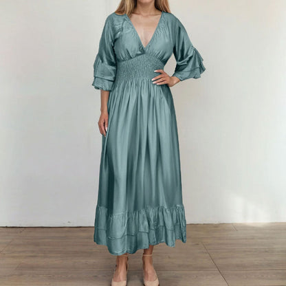 ✨Nieuwe artikelen 35% korting🎁Satijnen V-hals ruchejurk