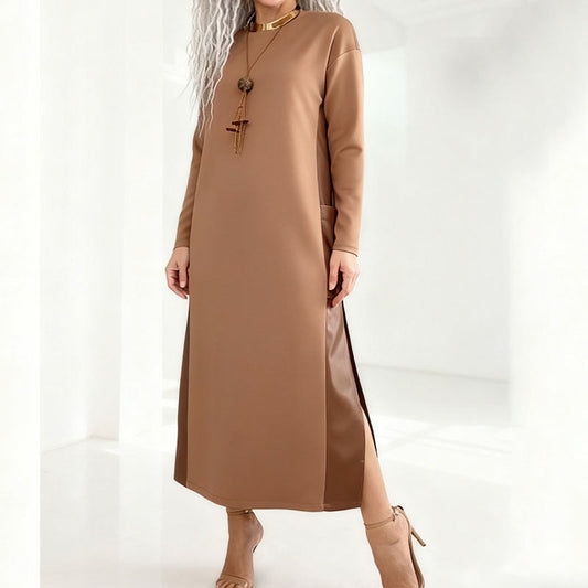 Oversized Jurk Met Contrasterend Leren Paneel