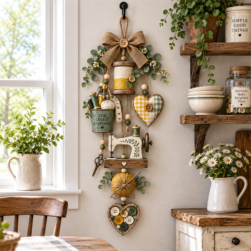 🧵✨ Rustiek houten naaiwerk – Thematisch hangend ornament met kerstverlichting met afstandsbediening