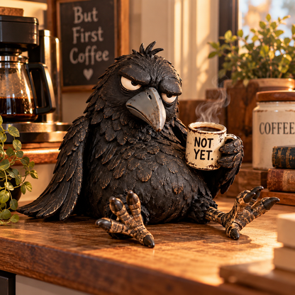 Grumpy Coffee Raven-beeldje – “Not Yet” grappige ochtenddecoratie