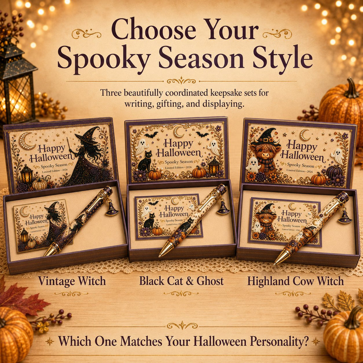 🎃🔮 Griezelige Halloween-pen-cadeauset | Decoratieve pen, bijpassende herinneringskaart en bijpassende geschenkdoos in 3 limited edition-uitvoeringen ✨