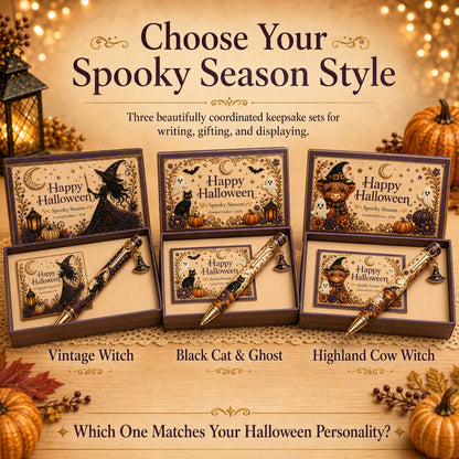 🎃🔮 Griezelige Halloween-pen-cadeauset | Decoratieve pen, bijpassende herinneringskaart en bijpassende geschenkdoos in 3 limited edition-uitvoeringen ✨
