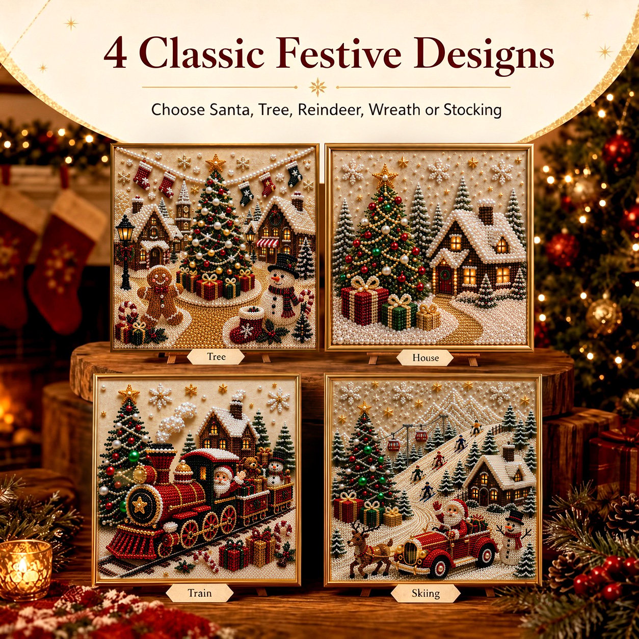 🎄🎅 Premium 3D-kerstwanddecoratieset met parels | Luxe canvas met flocklaag en krasbestendige, kleurvaste parelkorrels – doe-het-zelf kerstdecoratie ⛄️❄️