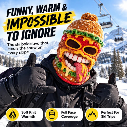 😜🍟Grappige gebreide balaclava met voedselmotief – Warme skimasker die het hele gezicht bedekt, voor winteravonturen