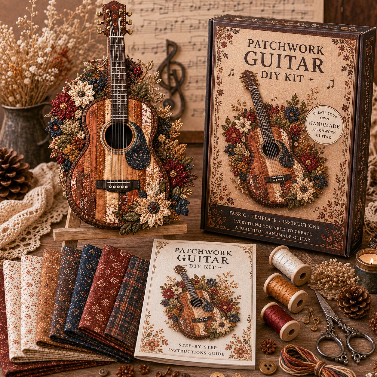🎶🧵 Premium vintage patchwork-bouwpakket voor muziekinstrumenten | Hoogwaardige gelaagde stof met gestikte details – DIY handgemaakte decoratie voor de muziekkamer ✨