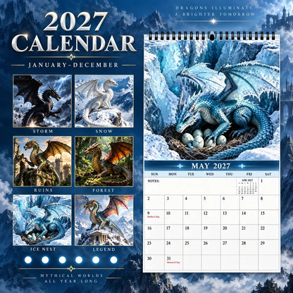 Dragons of a Higher World 2027-wandkalender – Epische fantasy-drakenkalender voor 12 maanden, mystieke en legendarische kunst, hangende planner voor drakenliefhebbers