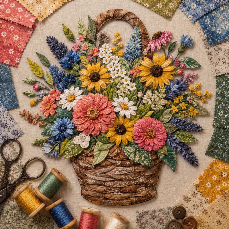 🌸🧵 Premium bloemenmand-patchwork-doe-het-zelfpakket | Hoogwaardig boeket van gelaagde stoffen met reliëfbloemblaadjes en geweven manddetails ✨