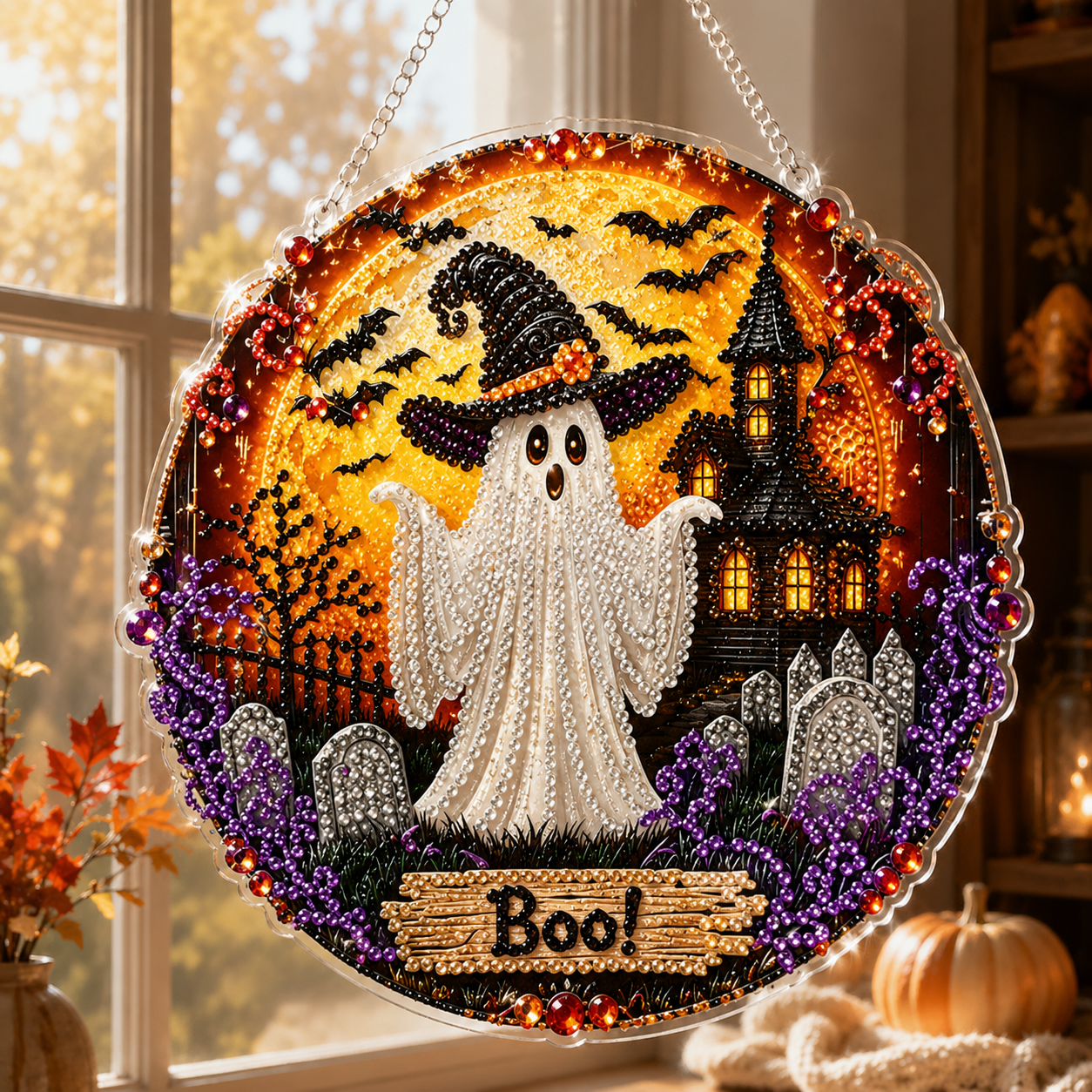 ✨🎃Halloween-hangsieraad-set met zwarte kat en maan in diamantkunststijl👻