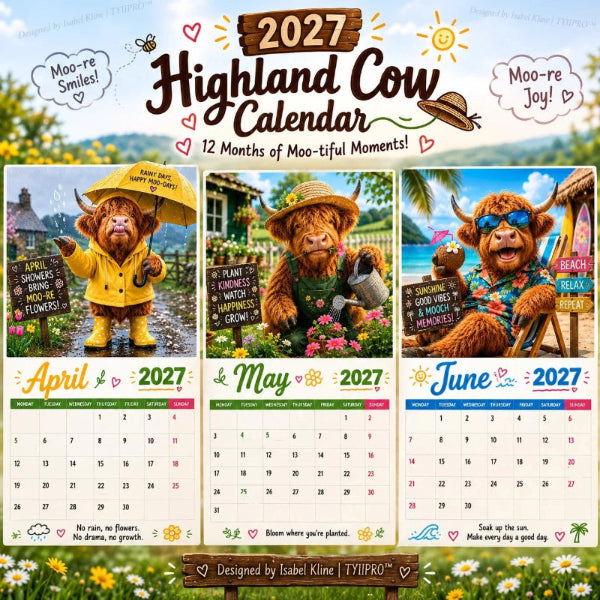 2027 Grappige wandkalender met Highland-koeien | A4-hangkalender | Ontworpen door Isabel Kline
