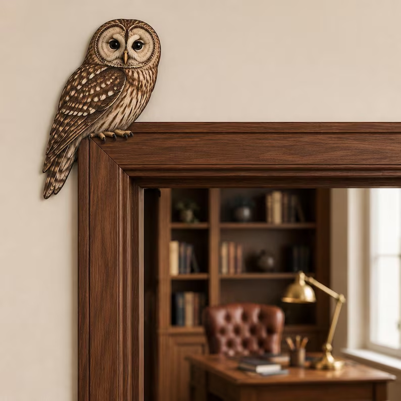Houten uil als deurversierin