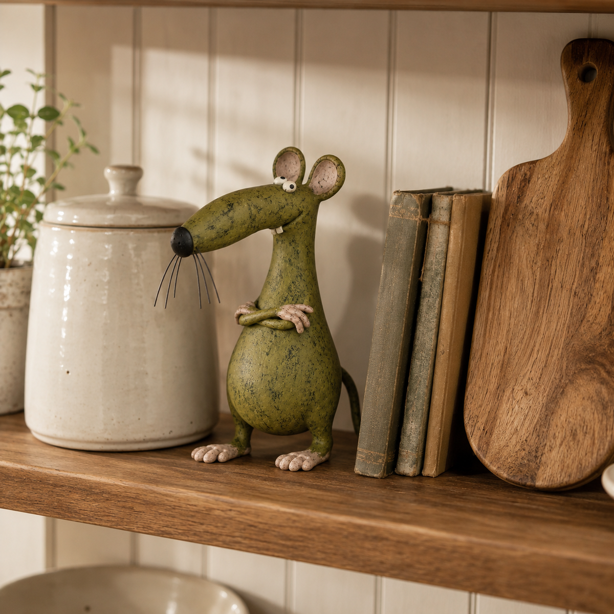 Speels vintage beeldje van een muis en een kat