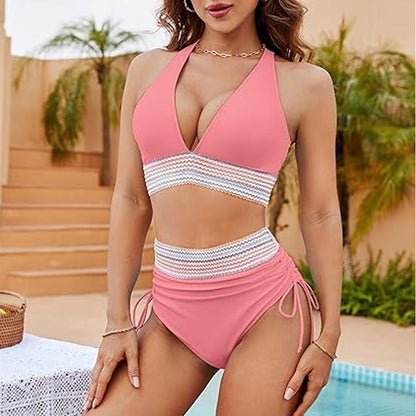 ☀️Vakantieverkoop 49% VAN🏖️Bikini met hoge taille en buikband Color Block Bikiniset Color Block Bikiniset