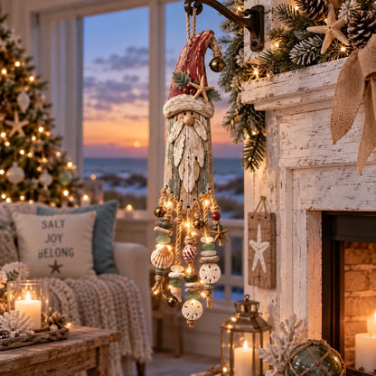 Vintage kustthema: verlichte kerstwandversiering met Kerstman – Kerstversiering voor het strandhuis met zeesterren, schelpen en een warme gloed