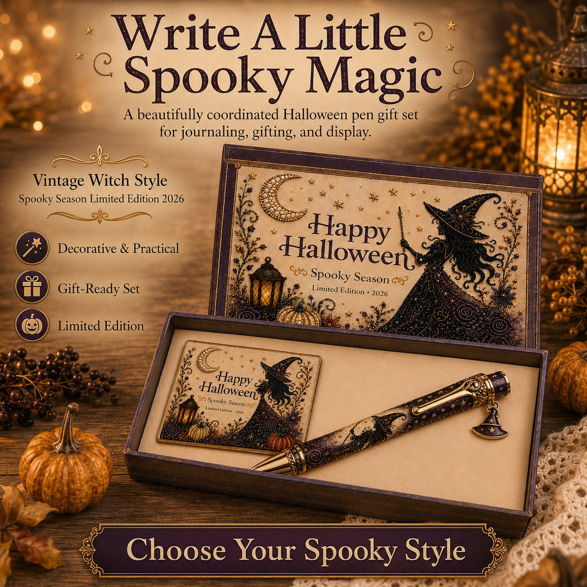 🎃🔮 Griezelige Halloween-pen-cadeauset | Decoratieve pen, bijpassende herinneringskaart en bijpassende geschenkdoos in 3 limited edition-uitvoeringen ✨